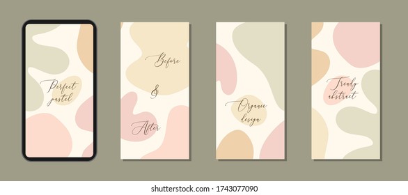 Beautiful feminine set of vertical social media quote post templates with minimal abstract organic shapes composition in trendy contemporary collage style, ideal for phone wallpaper etc