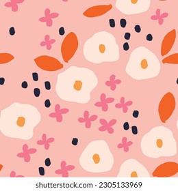 Beautiful feminine texture with Bold Flowers. Vector seamless Floral pattern. Botanical background with hand drawn flowers. Floral field print