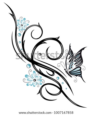 Beautiful feminine Tribal Ornament with blue flowers and butterfly.