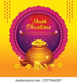 Beautiful festival background of indian festival happy Dhanteras  Diwali celebration. Dhanteras Pot with Gold Coins, diyas (oil lamps) and decorative elements. Vector illustration.