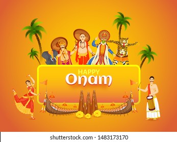 Beautiful festival card or poster design with illustration showing culture and tradition of Kerala for Happy Onam celebration concept.