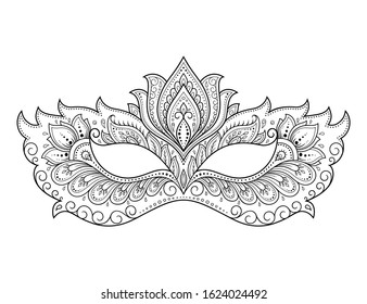 Beautiful festival mask for celebrating Halloween, New year, Brazilian or Venetian carnival, Mardi Gras or a party. Elements of women's holiday costume. Isolated outline with floral pattern.