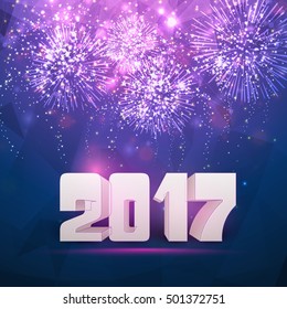 Belo fundo festivo com explosão de fogo de artifício. Texto 3D criativo 2017 para celebração feliz ano novo.