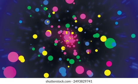 Beautiful festive background with glowing colorful balls and bright lines on dark blue background. Abstract simple background with beautiful colorful circles or balls in flat style. Colorful bokeh lig