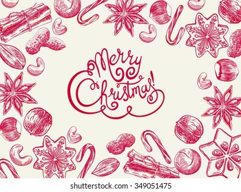 Beautiful festive background of nuts, sweets and spices