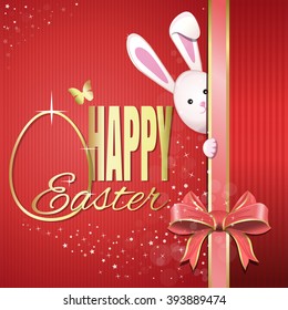 Beautiful festive background with pink ribbon, bow, Easter bunny and stylized gold Easter egg. Happy Easter. Gold lettering on a red festive background. Easter greeting card. Vector illustration