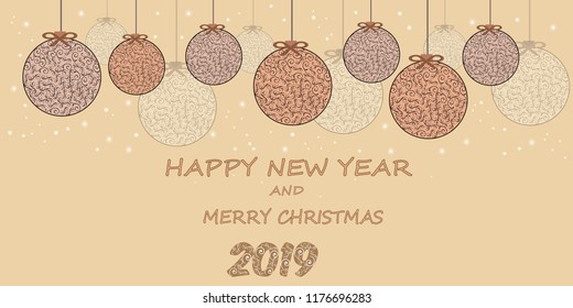 
beautiful festive card vector with balls brown toys with bows on gold background snow and snowflakes in December winter in new year and christmas with figures and text