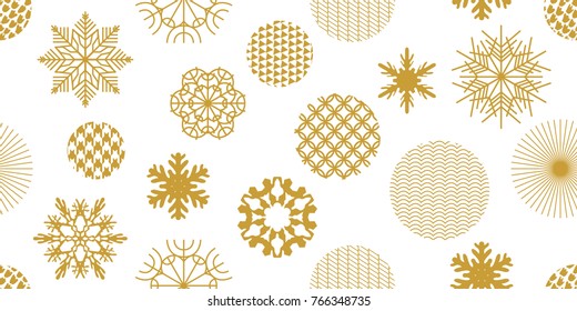 Beautiful festive Christmas background. Seamless victor pattern with geometric motifs. Snowflakes, stars and circles with different ornaments. Retro design collection. Golden on white.