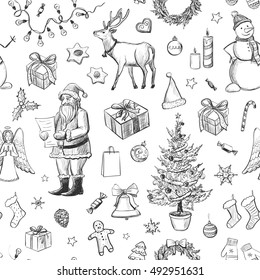 Beautiful festive Christmas pattern. Hand-drawn sketches on a white background