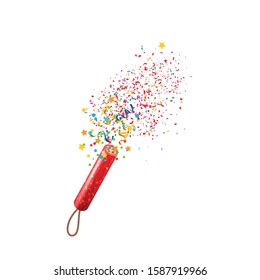 Beautiful festive cracker with flying confetti. Color. Engraving style. Vector illustration.
