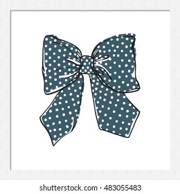 Beautiful festive decoration: dotted blue bow. Vector element for holiday decorating greeting cards for wedding, birthday, Valentine's day, new year, Christmas. Isolated on white background.