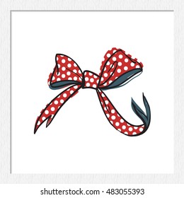 Beautiful festive decoration: small red dotted bow. Vector element for holiday decorating greeting cards for wedding, birthday, Valentine's day, new year, Christmas. Isolated on white background.