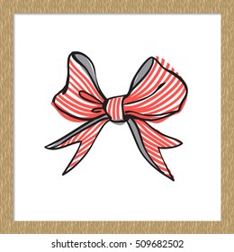 Beautiful festive decoration: small red stripped bow. Vector element for holiday decorating greeting cards for Christmas, New Year, birthday or wedding. Isolated on white background.