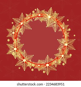 Beautiful festive frame on a red background with golden snowflakes in a circle, Round red frame with space for a copy.