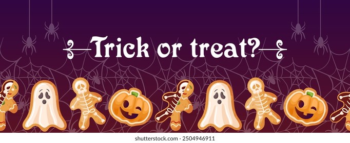 Beautiful and festive gingerbread chain dance for a joyful Halloween celebration. Horizontal seamless border. For advertising banner, website, poster, sale flyer. Ghost, jack o lantern, skeleton.