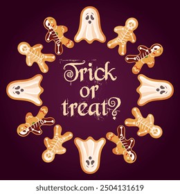 A beautiful and festive gingerbread dance for a joyful Halloween celebration. Round frame, wreath. For posters, postcards, advertising banner, website, placard, flyer. Ghost, skeleton.