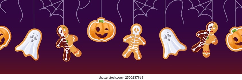 Hermosa y festiva guirnalda de jengibre para una alegre celebración de Halloween. Horizontal borde sin fisuras. Para Anuncio publicitario, Sitio web, cartel, folleto de venta. Fantasma, linterna, esqueleto.