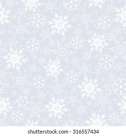 Beautiful festive grey background seamless pattern with white ornate stylized snowflake. Luxury seasonal winter New Year and Christmas seamless wallpaper. Stylish modern backdrop. Vector illustration.
