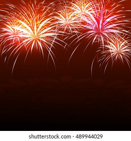 Beautiful festive holiday background with firework explosion or blast over night sky, Elegant sparkling vector illustration.