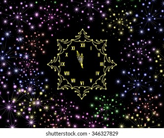 Beautiful festive Merry Christmas and Happy New Year vector background with multicolored fireworks and golden clock showing five minutes to midnight