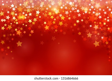 Beautiful festive red background with shining stars.
Image for your design: new year, christmas, birthday, victory day, father's day, February 23. Magic wallpaper. Copy space. For poster,  banner.