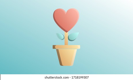 Beautiful festive red with blue love joyful flower in a pot in the form of a heart for a greeting card to the day of all lovers, Valentine's Day on a blue background.