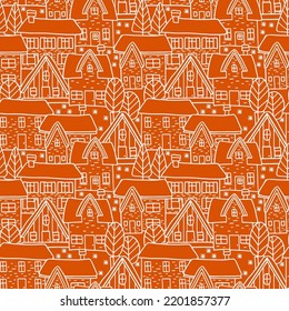 beautiful festive seamless pattern with houses and trees. graphic vector illustration. Terracotta background. Can be used for textile, poster, banner, background, scrapbooking.