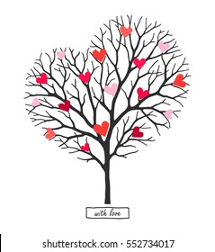 Beautiful festive tree in the form of heart with decorations from color hearts. Vector abstract illustration with love for Valentine's day.