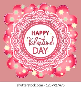 Beautiful festive valentine day banner. Patterned white rosette and pink hearts on a pink background.Square.Illustration.