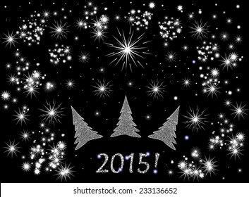 Beautiful festive vector background with Christmas trees, fireworks and snowflakes and the "2015!" text