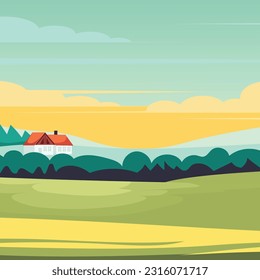 Hermoso paisaje de campos con un amanecer, colinas verdes, cielo con atardecer de colores brillantes, fondo de caricatura plana. Ilustración vectorial.