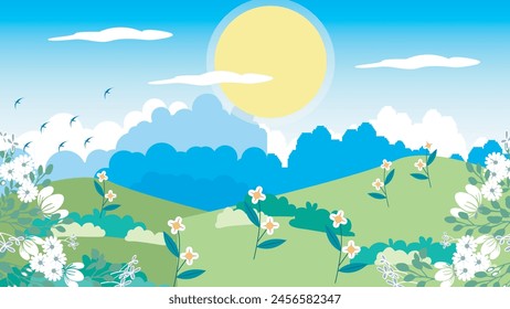 Beautiful fields landscape with a dawn, green hills, bright sky cartoon illustration