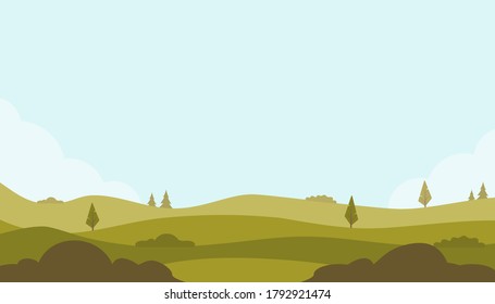 Beautiful fields landscape with a green hills, trees, bushes, bright color blue sky. Rural landscape. Countryside background for banner, animation. Vector flat illustration