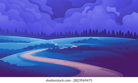 Beautiful fields at night horizontal illustration. Countryside road through hills with forest and storm clouds in the background.