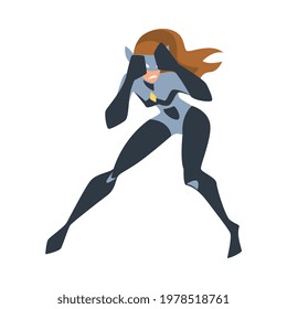 Beautiful Fighting Girl Superhero Character, Dressed Black Costume and Mask Cartoon Vector Illustration