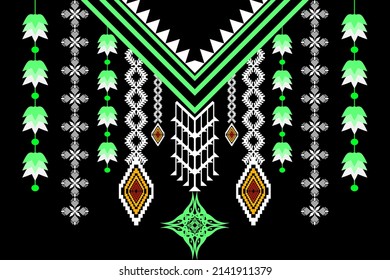 Beautiful figure tribal Indian necklace floral pattern traditional on black background.Aztec style embroidery abstract vector illustration.design for texture,fabric,clothing,fashion women wearing.