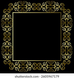 Beautiful figured rectangular frame in gold color on a black background