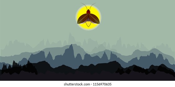 Beautiful firefly spread wings and light at the end of the body. design Insect beetle firefly. Vector set of simple cartoon drawings with different angles and elements.