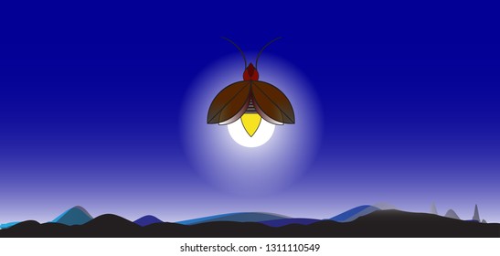 Beautiful firefly spread wings and light at the end of the body. design Insect beetle firefly. Vector set of simple cartoon drawings with different angles and elements. 