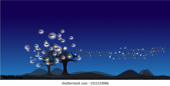 Beautiful firefly spread wings and light at the end of the body. design Insect beetle firefly. Vector set of simple cartoon drawings with different angles and elements.