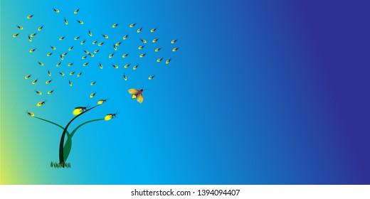Beautiful firefly spread wings and light at the end of the body. design Insect beetle firefly. Vector set of simple cartoon drawings with different angles and elements. 