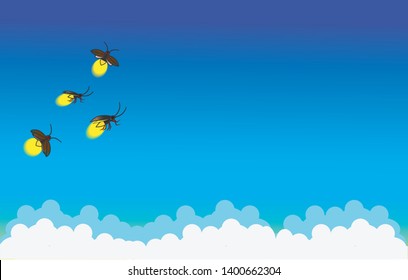 Beautiful firefly spread wings and light at the end of the body. design Insect beetle firefly. Vector set of simple cartoon drawings with different angles and elements.