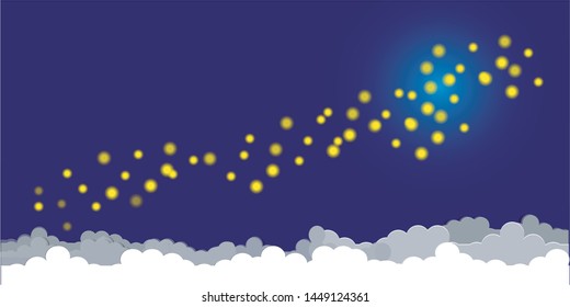  Beautiful firefly spread wings and light at the end of the body.Glowing fireflies in the night. Enigmatic and mysterious illustration with beautiful blue lights in the night. 