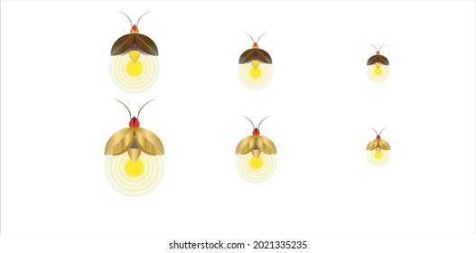 Schöne, firefly breitete Flügel und Licht am Ende des Körpers. Design Insektenkäfer firefly. Vektorset aus einfachen Cartoon-Zeichnungen mit verschiedenen Winkeln und Elementen.
