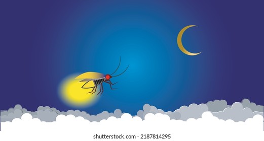 Beautiful firefly spread wings and light at the end of the body. design Insect beetle firefly. Vector set of simple cartoon drawings with different angles and elements.