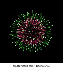 Beautiful firework. Couple romantic salute isolated on black background. Light decoration firework for Christmas, New Year, Valentine Day celebration. Symbol of holiday Vector illustration