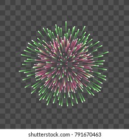 Beautiful firework. Couple romantic salute isolated transparent background. Light decoration firework for Christmas, New Year, Valentine Day celebration. Symbol of holiday Vector illustration
