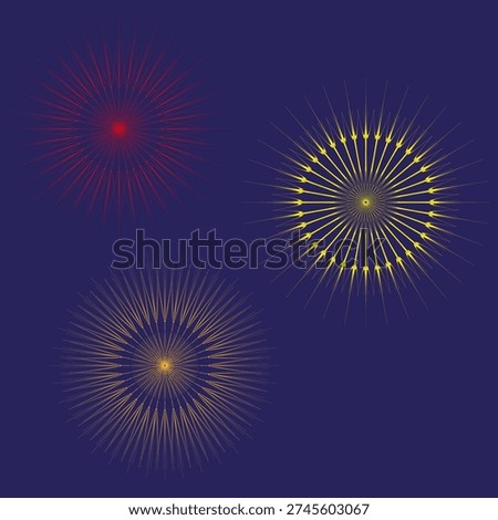 Beautiful firework explosions. Radiant sunburst patterns. Magnificent spark Vector. Incredible holiday symbols. EPS 10.