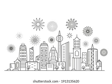 beautiful fireworks against the background of the city panorama. modern metropolis during the holiday. flat vector illustration isolated on white background in linear style