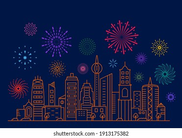 beautiful fireworks against the background of the city panorama. modern metropolis during the holiday. flat vector illustration isolated on white background in linear style